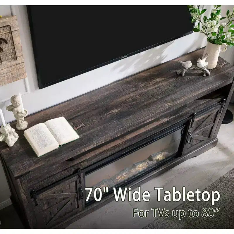 Meuble TV SinCiDo pour téléviseurs 75 pouces avec foyer et porte coulissante style grange, avec télécommande, flamme 3D, pour salon
