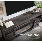 Meuble TV SinCiDo pour téléviseurs 75 pouces avec foyer et porte coulissante style grange, avec télécommande, flamme 3D, pour salon