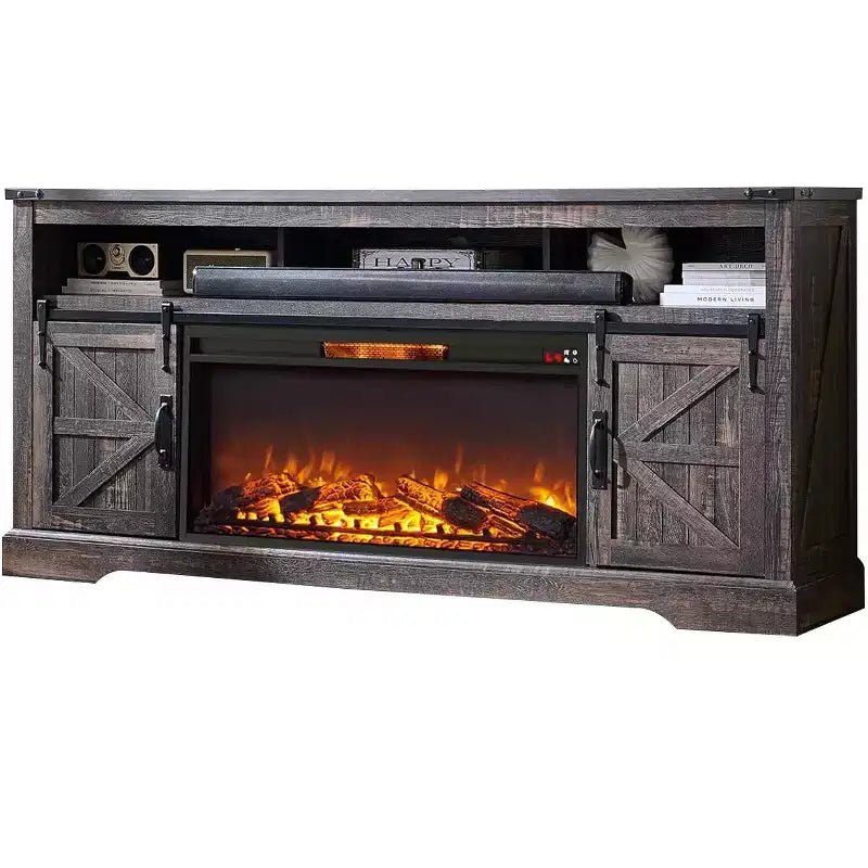 Meuble TV SinCiDo pour téléviseurs 75 pouces avec foyer et porte coulissante style grange, avec télécommande, flamme 3D, pour salon