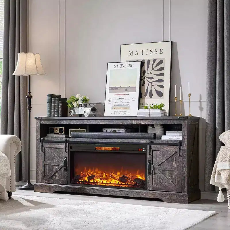 Meuble TV SinCiDo pour téléviseurs 75 pouces avec foyer et porte coulissante style grange, avec télécommande, flamme 3D, pour salon