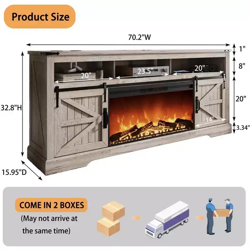 Meuble TV SinCiDo pour téléviseurs 75 pouces avec foyer et porte coulissante style grange, avec télécommande, flamme 3D, pour salon
