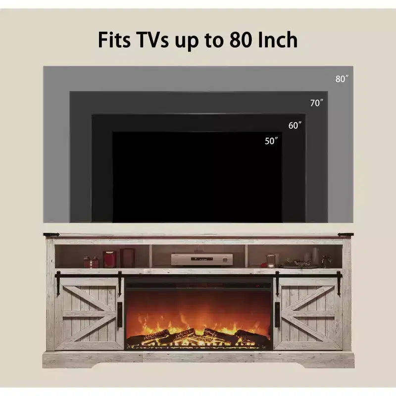 Meuble TV SinCiDo pour téléviseurs 75 pouces avec foyer et porte coulissante style grange, avec télécommande, flamme 3D, pour salon