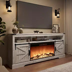 Meuble TV SinCiDo pour téléviseurs 75 pouces avec foyer et porte coulissante style grange, avec télécommande, flamme 3D, pour salon
