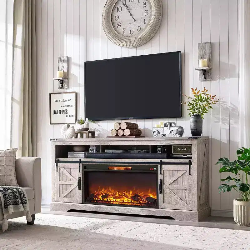 Meuble TV SinCiDo pour téléviseurs 75 pouces avec foyer et porte coulissante style grange, avec télécommande, flamme 3D, pour salon