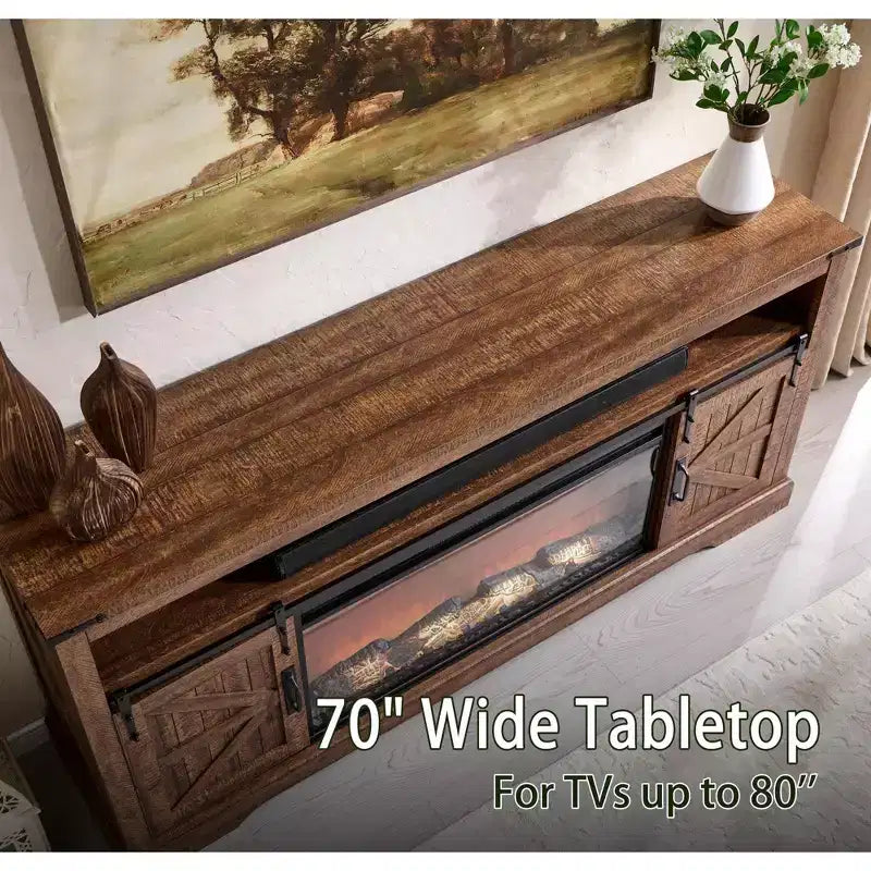 Meuble TV SinCiDo pour téléviseurs 75 pouces avec foyer et porte coulissante style grange, avec télécommande, flamme 3D, pour salon