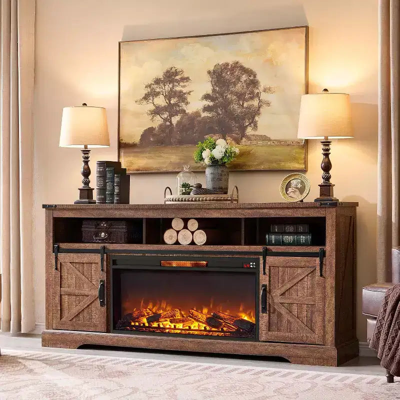 Meuble TV SinCiDo pour téléviseurs 75 pouces avec foyer et porte coulissante style grange, avec télécommande, flamme 3D, pour salon