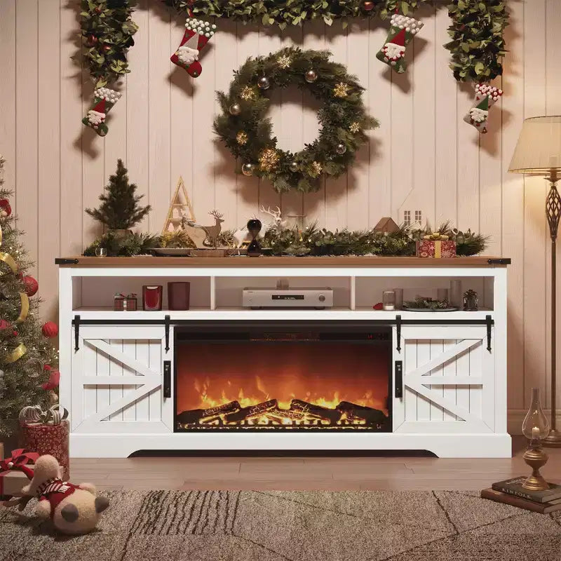 Meuble TV SinCiDo pour téléviseurs 75 pouces avec foyer et porte coulissante style grange, avec télécommande, flamme 3D, pour salon