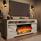 Meuble TV SinCiDo pour téléviseurs 75 pouces avec foyer et porte coulissante style grange, avec télécommande, flamme 3D, pour salon