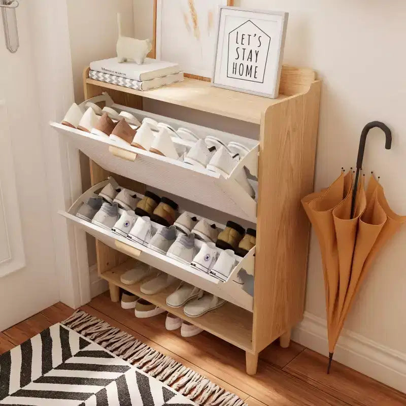 Chic Crate - Meuble à chaussures scandinave de 80 cm | 2 tiroirs basculants | Pieds en bois massif | Entrée/Étroit | Blanc/Bois massif