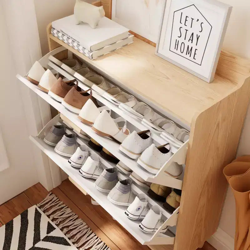 Chic Crate - Meuble à chaussures scandinave de 80 cm | 2 tiroirs basculants | Pieds en bois massif | Entrée/Étroit | Blanc/Bois massif