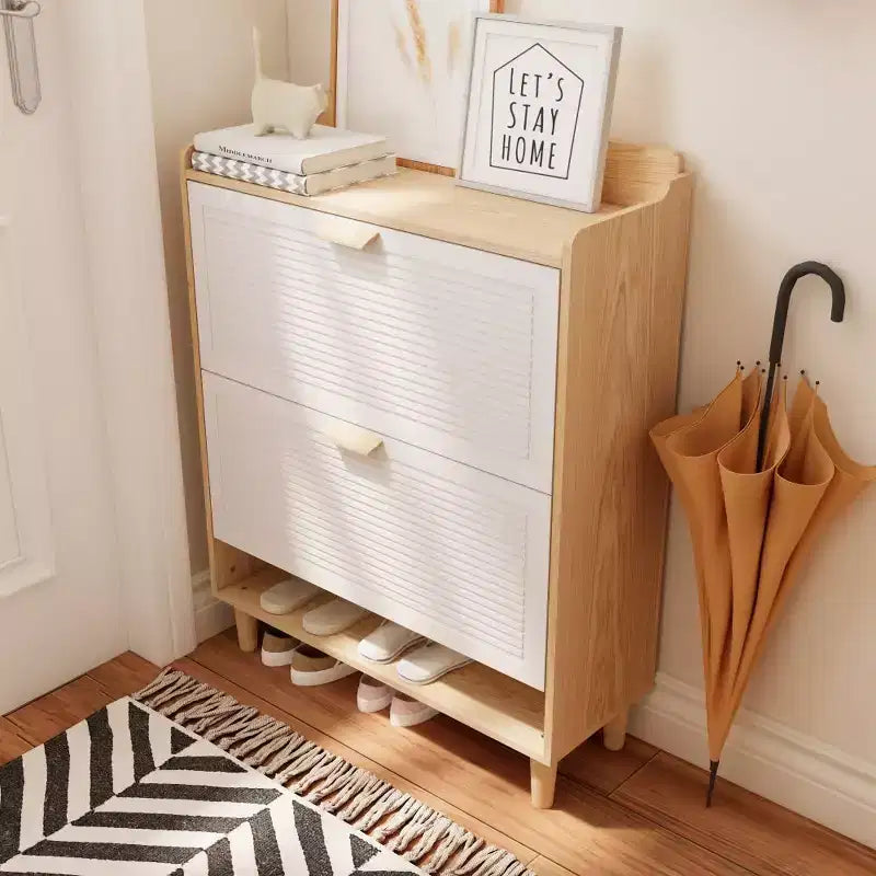 Chic Crate - Meuble à chaussures scandinave de 80 cm | 2 tiroirs basculants | Pieds en bois massif | Entrée/Étroit | Blanc/Bois massif