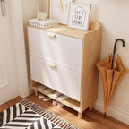 Chic Crate - Meuble à chaussures scandinave de 80 cm | 2 tiroirs basculants | Pieds en bois massif | Entrée/Étroit | Blanc/Bois massif