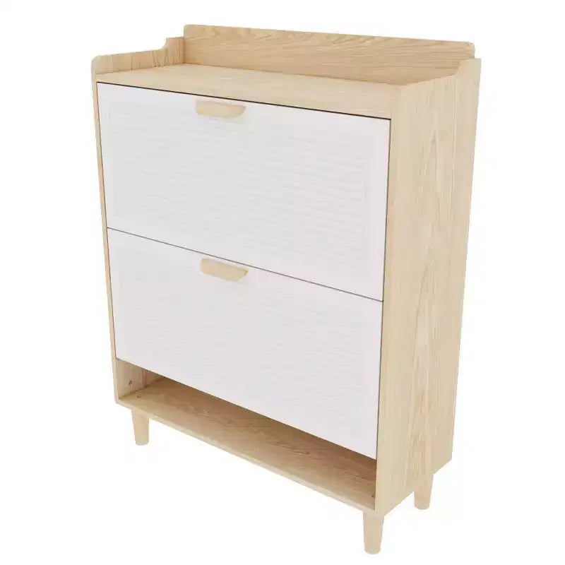 Chic Crate - Meuble à chaussures scandinave de 80 cm | 2 tiroirs basculants | Pieds en bois massif | Entrée/Étroit | Blanc/Bois massif