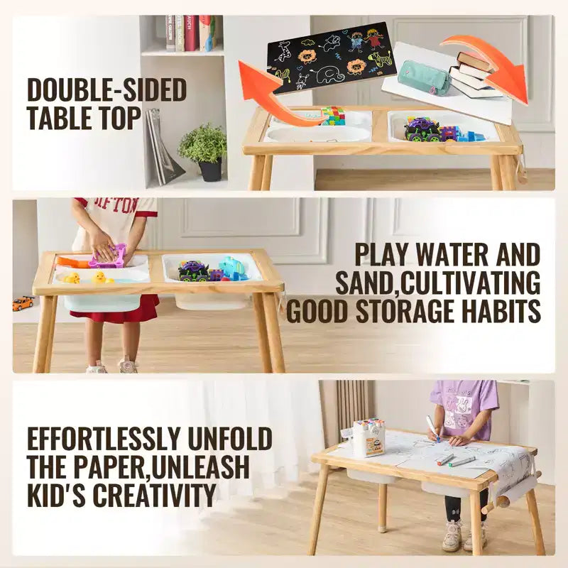 Table sensorielle VEVOR pour tout-petits, table d'activités pour enfants avec 3 bacs de rangement pliables et porte-rouleau de papier, table de jeu de sable et d'eau intérieure/extérieure
