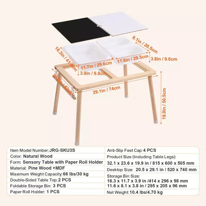 Table sensorielle VEVOR pour tout-petits, table d'activités pour enfants avec 3 bacs de rangement pliables et porte-rouleau de papier, table de jeu de sable et d'eau intérieure/extérieure