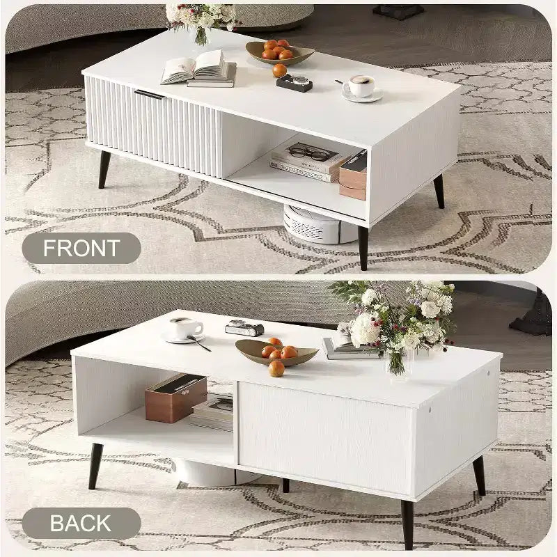 Table basse Acekool moderne du milieu du siècle avec porte coulissante et rangement à 2 niveaux, pieds en bois massif Table de cocktail en bois pour salon et bureau