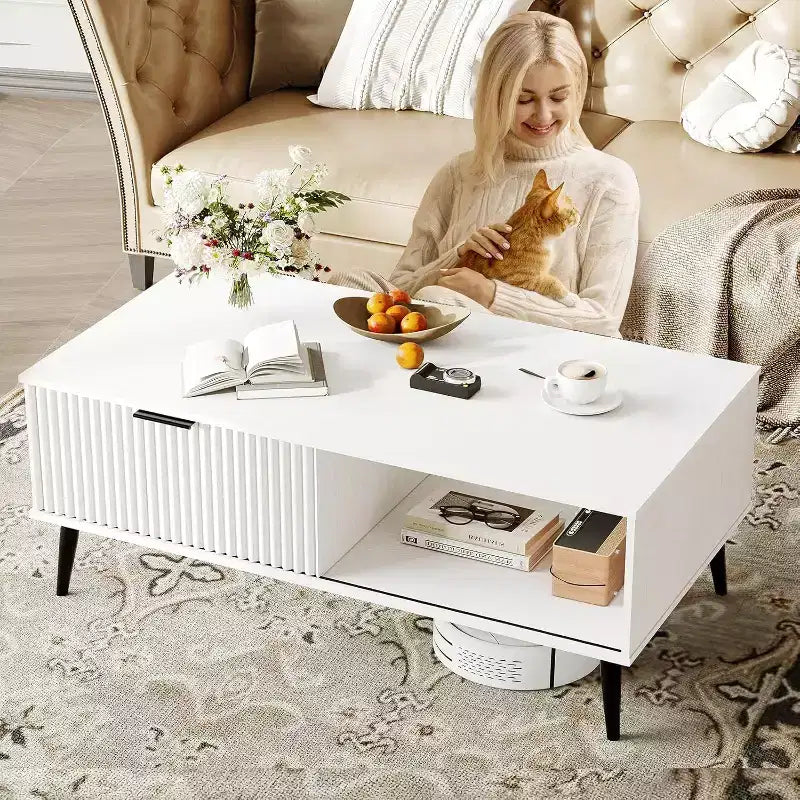 Table basse Acekool moderne du milieu du siècle avec porte coulissante et rangement à 2 niveaux, pieds en bois massif Table de cocktail en bois pour salon et bureau