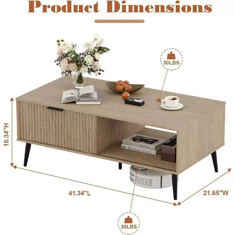 Table basse Acekool moderne du milieu du siècle avec porte coulissante et rangement à 2 niveaux, pieds en bois massif Table de cocktail en bois pour salon et bureau