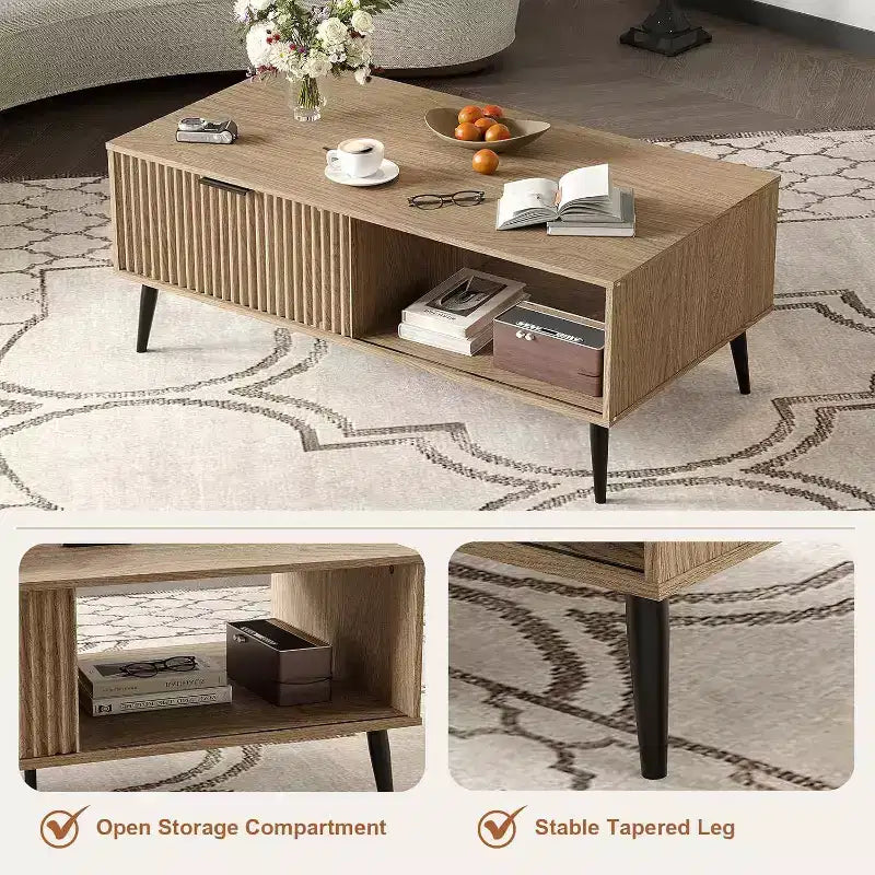 Table basse Acekool moderne du milieu du siècle avec porte coulissante et rangement à 2 niveaux, pieds en bois massif Table de cocktail en bois pour salon et bureau