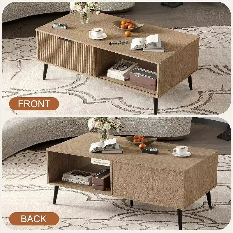 Table basse Acekool moderne du milieu du siècle avec porte coulissante et rangement à 2 niveaux, pieds en bois massif Table de cocktail en bois pour salon et bureau