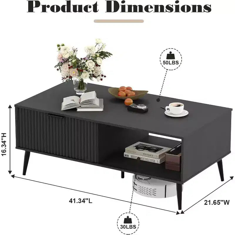 Table basse Acekool moderne du milieu du siècle avec porte coulissante et rangement à 2 niveaux, pieds en bois massif Table de cocktail en bois pour salon et bureau
