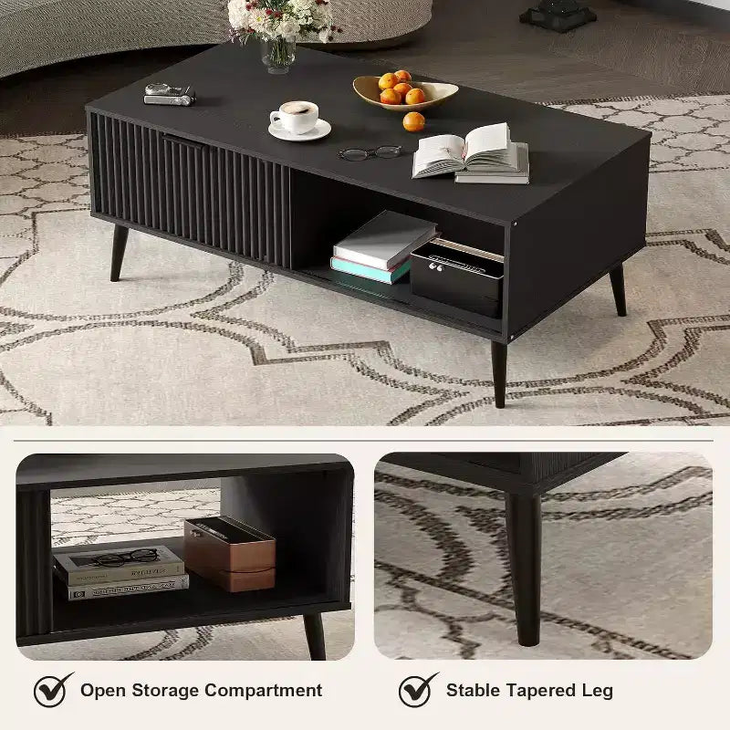Table basse Acekool moderne du milieu du siècle avec porte coulissante et rangement à 2 niveaux, pieds en bois massif Table de cocktail en bois pour salon et bureau