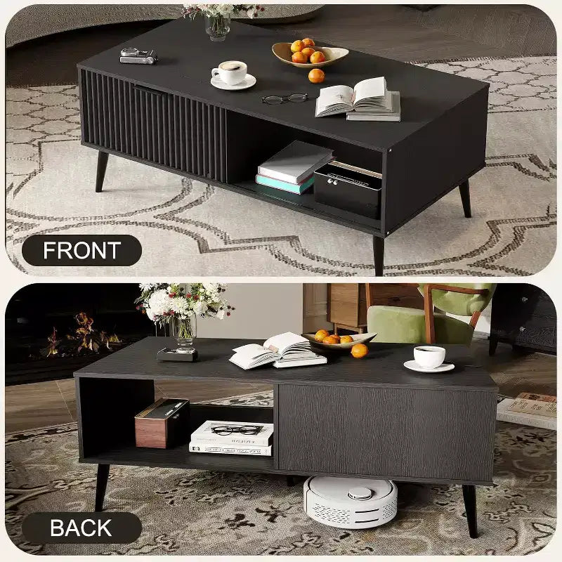 Table basse Acekool moderne du milieu du siècle avec porte coulissante et rangement à 2 niveaux, pieds en bois massif Table de cocktail en bois pour salon et bureau