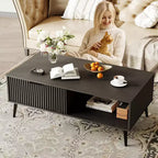 Table basse Acekool moderne du milieu du siècle avec porte coulissante et rangement à 2 niveaux, pieds en bois massif Table de cocktail en bois pour salon et bureau