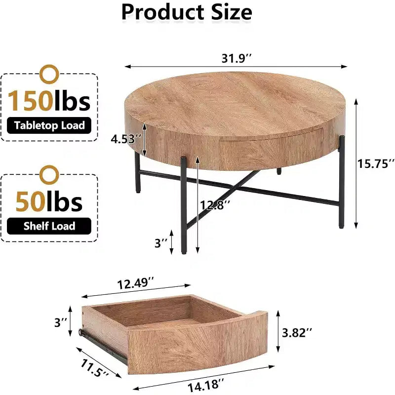 Table basse ronde Acekool avec 2 tiroirs, plateau en bois et piètement croisé en métal, table de rangement moderne de style ferme pour salon et appartement