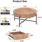 Table basse ronde Acekool avec 2 tiroirs, plateau en bois et piètement croisé en métal, table de rangement moderne de style ferme pour salon et appartement