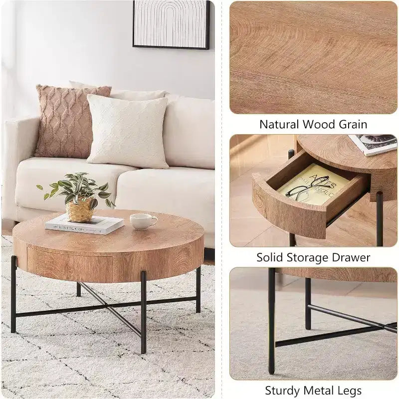 Table basse ronde Acekool avec 2 tiroirs, plateau en bois et piètement croisé en métal, table de rangement moderne de style ferme pour salon et appartement