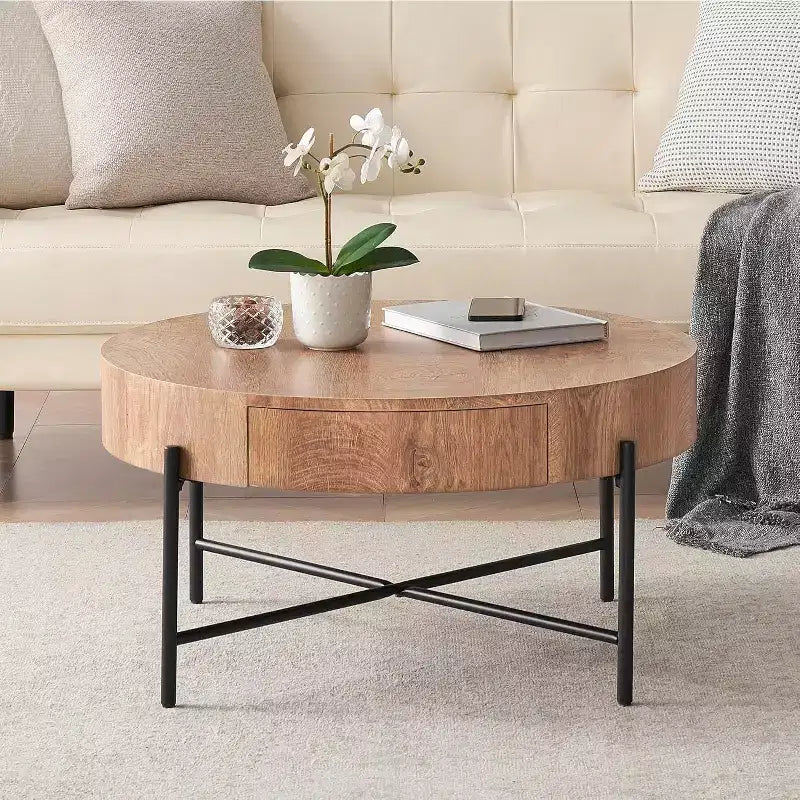Table basse ronde Acekool avec 2 tiroirs, plateau en bois et piètement croisé en métal, table de rangement moderne de style ferme pour salon et appartement