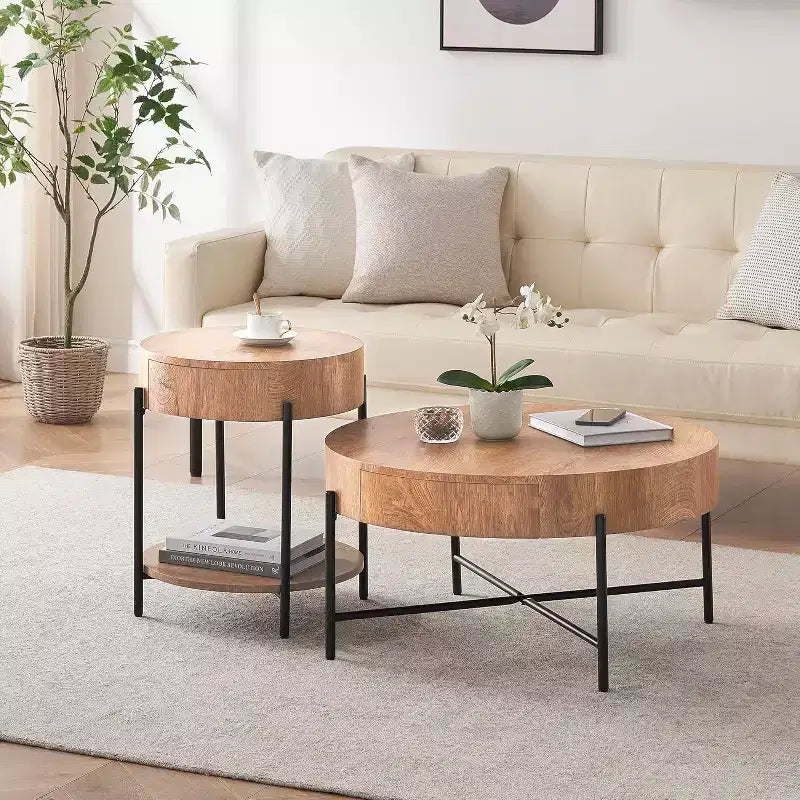 Table basse ronde Acekool avec 2 tiroirs, plateau en bois et piètement croisé en métal, table de rangement moderne de style ferme pour salon et appartement