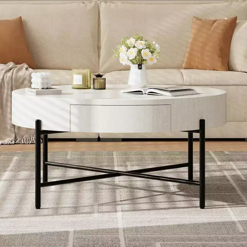 Table basse ronde Acekool avec 2 tiroirs, plateau en bois et piètement croisé en métal, table de rangement moderne de style ferme pour salon et appartement