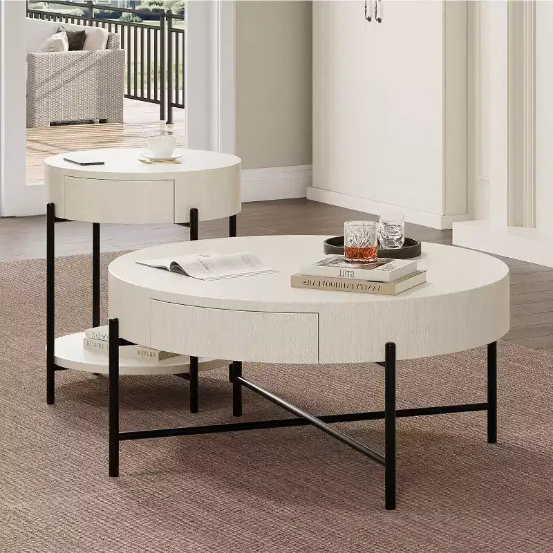 Table basse ronde Acekool avec 2 tiroirs, plateau en bois et piètement croisé en métal, table de rangement moderne de style ferme pour salon et appartement