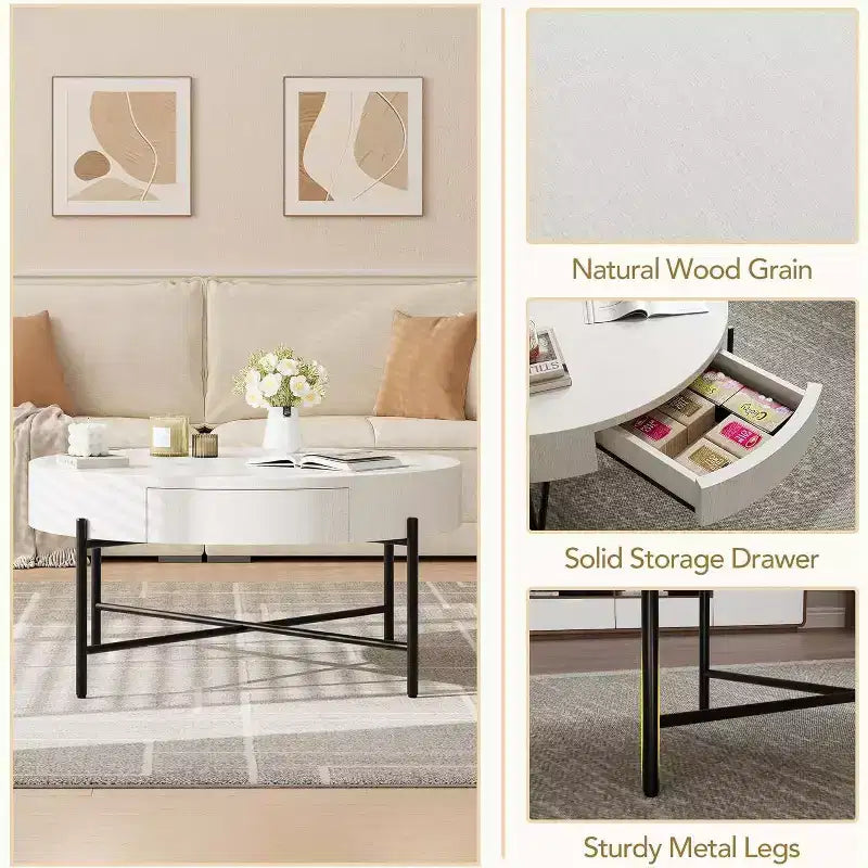 Table basse ronde Acekool avec 2 tiroirs, plateau en bois et piètement croisé en métal, table de rangement moderne de style ferme pour salon et appartement