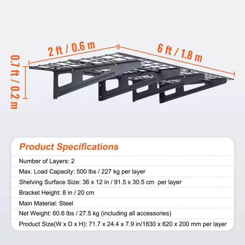 Étagères de rangement de garage VEVOR, lot de 2, étagères de garage murales robustes 120 x 60 cm, capacité de charge de 227 kg (au total), rack de rangement de garage