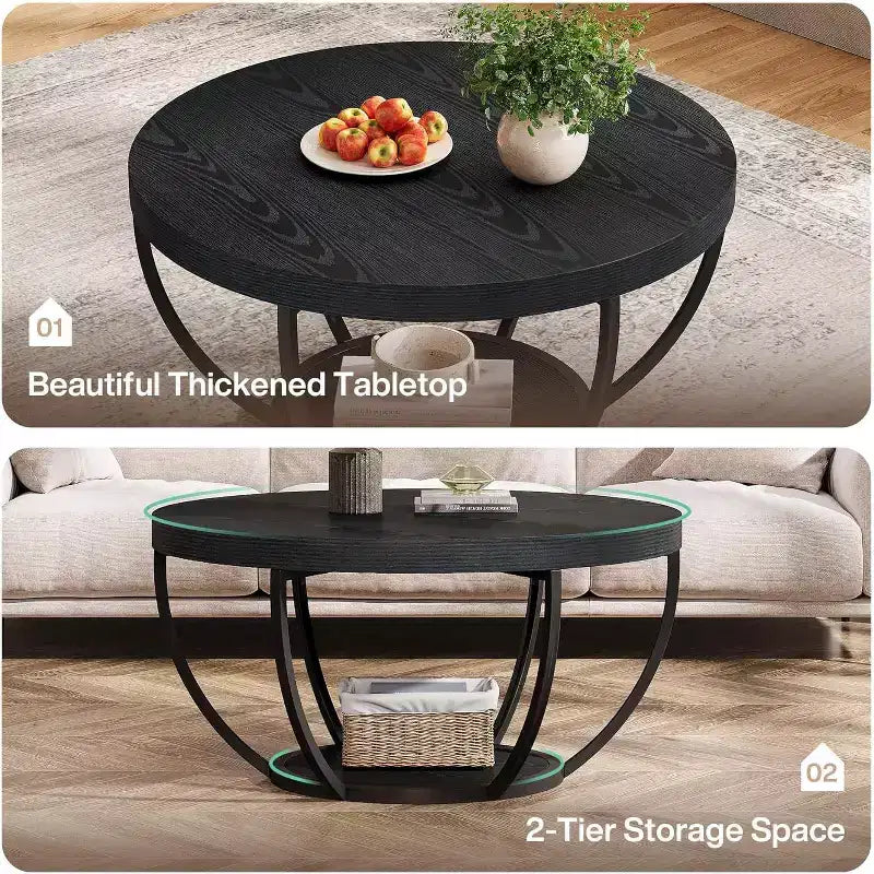 Table basse ronde Lantine 31.7, table basse circulaire à 2 niveaux avec étagères de rangement, table basse moderne pour salon noir