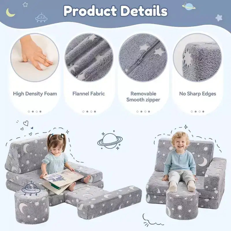 Canapé de jeu modulaire GOTGELIF 14 pièces phosphorescent pour enfants, convertible, pliable et lavable pour salle de jeux