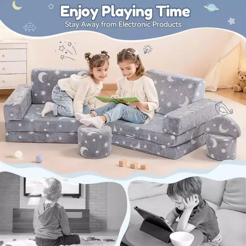 Canapé de jeu modulaire GOTGELIF 14 pièces phosphorescent pour enfants, convertible, pliable et lavable pour salle de jeux