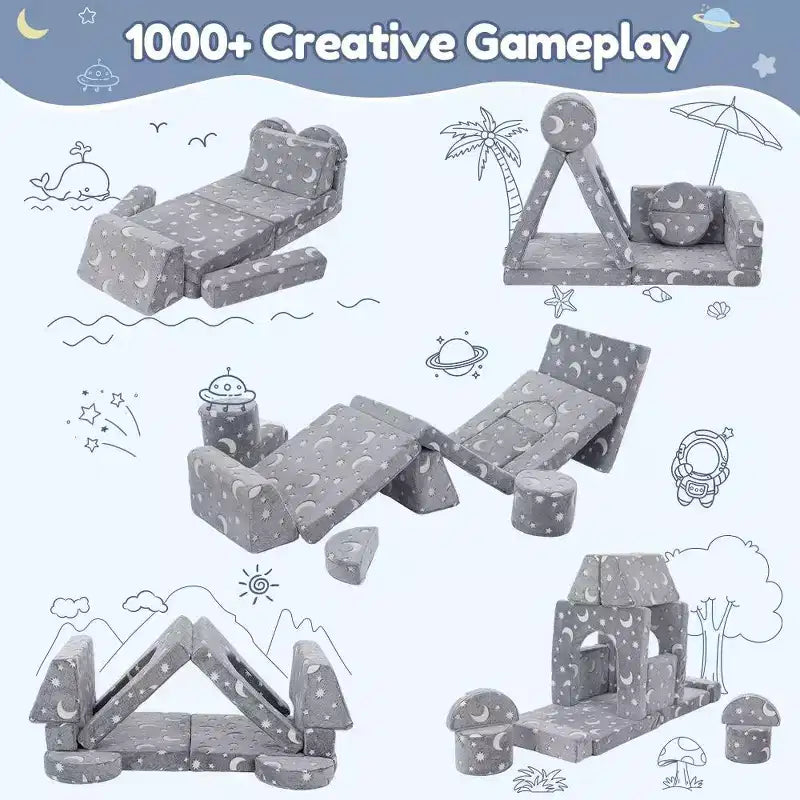 Canapé de jeu modulaire GOTGELIF 14 pièces phosphorescent pour enfants, convertible, pliable et lavable pour salle de jeux