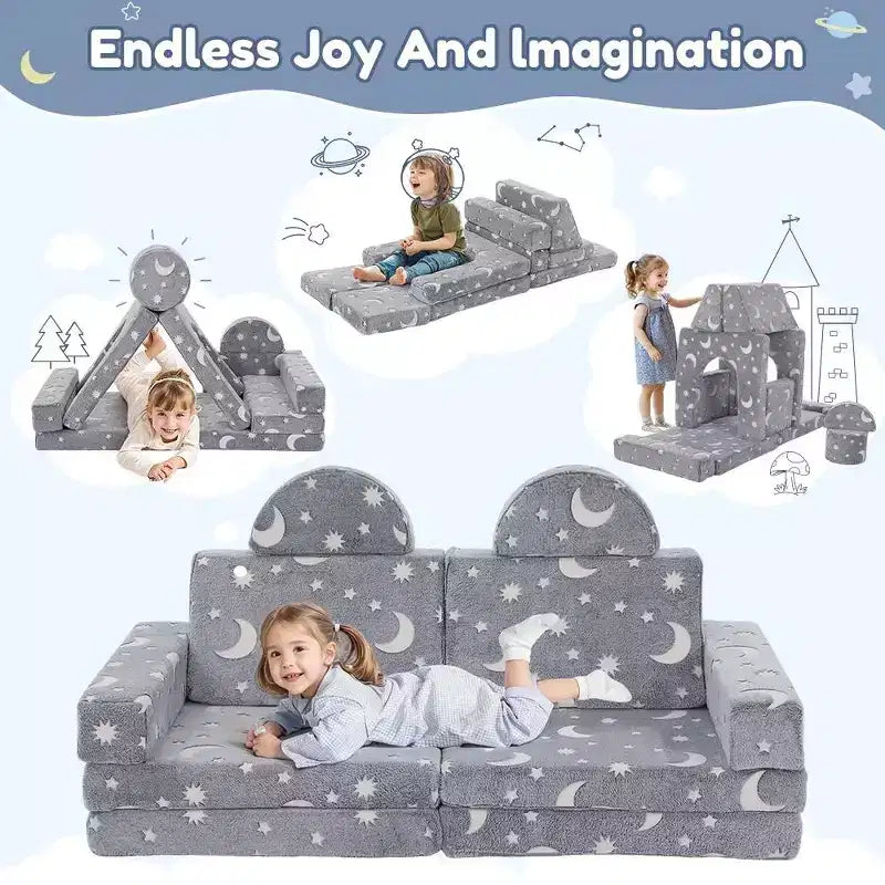 Canapé de jeu modulaire GOTGELIF 14 pièces phosphorescent pour enfants, convertible, pliable et lavable pour salle de jeux