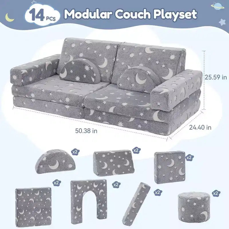Canapé de jeu modulaire GOTGELIF 14 pièces phosphorescent pour enfants, convertible, pliable et lavable pour salle de jeux