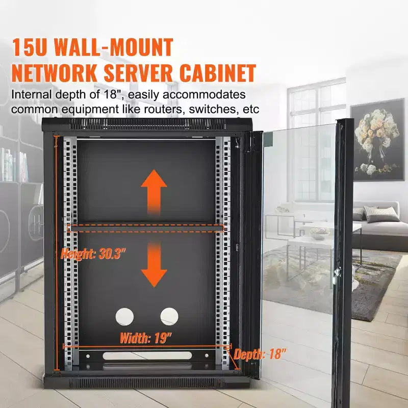 VEVOR Armoire réseau murale 15U, capacité de charge au sol maximale de 227 kg, boîtier de rack de serveur avec porte en verre trempé verrouillable, panneaux latéraux
