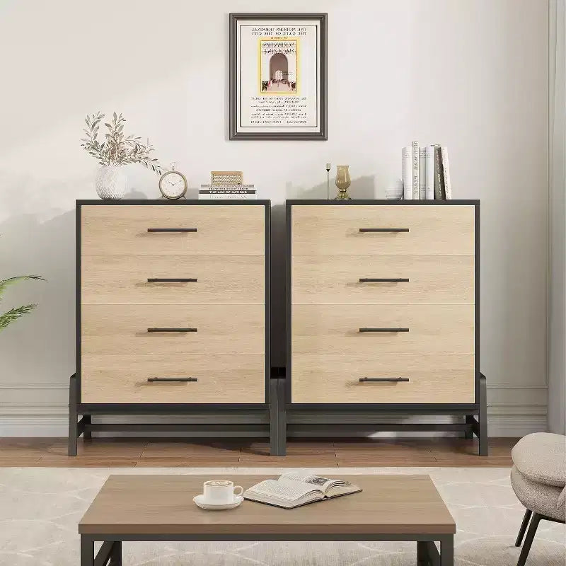 Commode de chambre à 4 tiroirs, Meuble de rangement autoportant à tiroirs, Armoire de rangement en bois avec poignées métalliques, Chambre à coucher, Salon