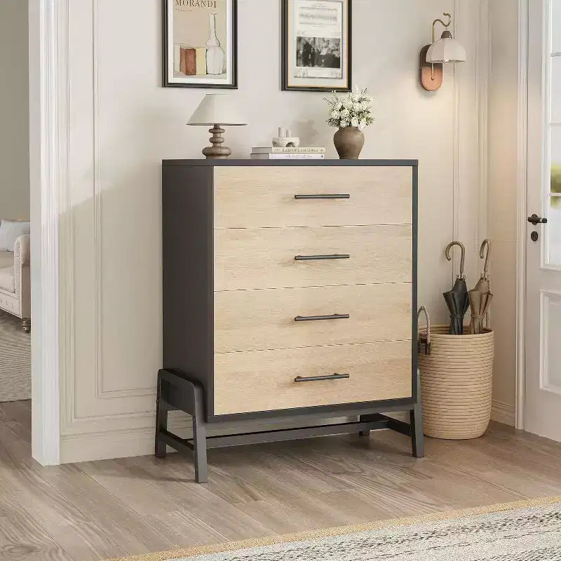Commode de chambre à 4 tiroirs, Meuble de rangement autoportant à tiroirs, Armoire de rangement en bois avec poignées métalliques, Chambre à coucher, Salon