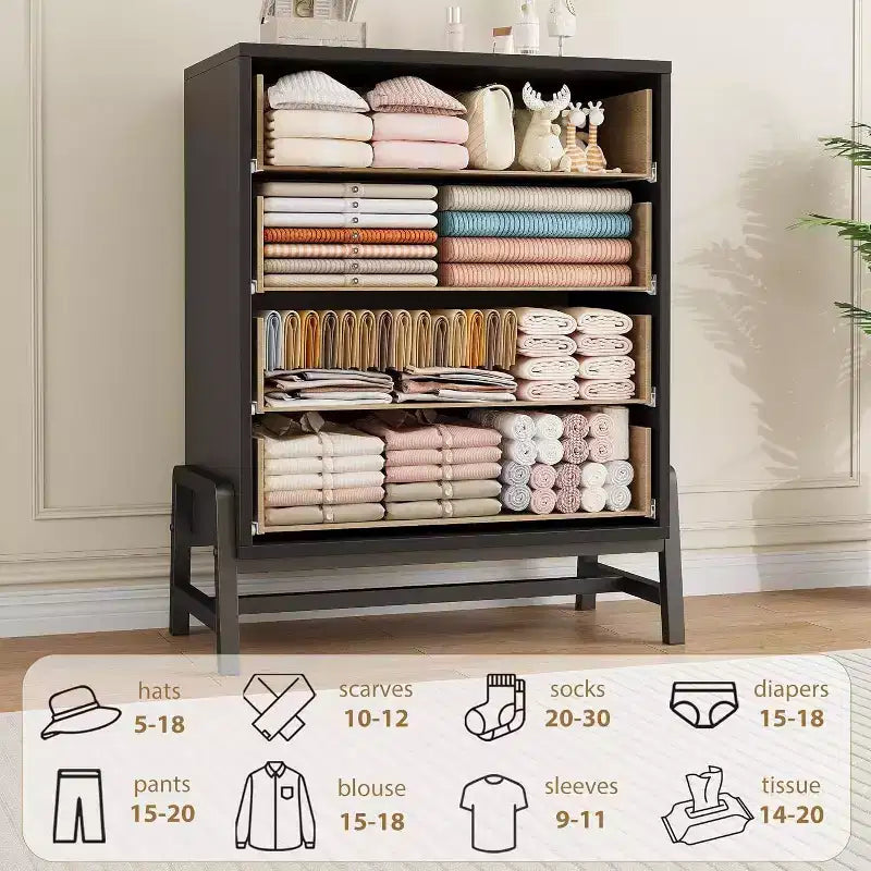 Commode de chambre à 4 tiroirs, Meuble de rangement autoportant à tiroirs, Armoire de rangement en bois avec poignées métalliques, Chambre à coucher, Salon