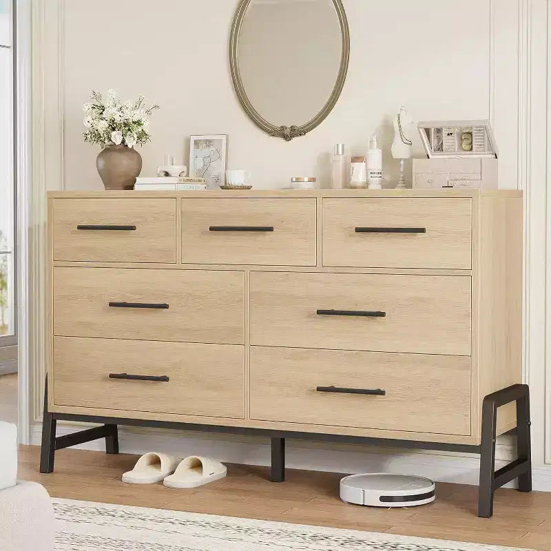 Commode à 7 tiroirs, meuble de rangement autonome à tiroirs, meuble de rangement en bois, pour salon, chambre, entrée