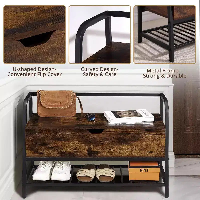Banc à chaussures avec rangement, organisateur de rangement pour chaussures en bois de 33 pouces avec boîte à couvercle relevable