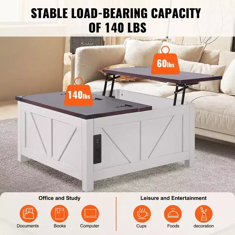 Table basse de ferme VEVOR 36, table basse carrée à plateau relevable et charnière avec multiprise intégrée, table basse rustique en bois, marron et blanc
